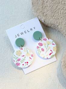 1 Pair Women's Elegant Ceramic Textured Small Yellow Flower Print Round Acrylic Earrings