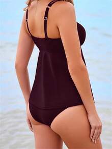 Women 2 Pieces Tankini Swimsuits Solid Color Padded Sleeveless Tank Tops And Swim Bottoms Beach Bikini Set - Màu Đỏ Sâu - Xem 5