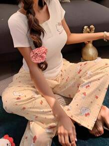 Pantalón de estar por casa con estampado de dibujos animados adorable para mujeres, de corte cómodo y holgado, apto para todas las estaciones