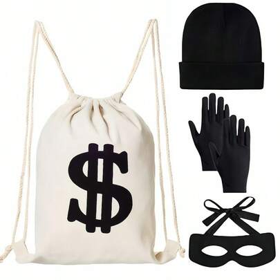 4pcs/Set Thief Costume Kit: Canvas Bag, Gloves, Eye Mask, Hat, Party Burglar Prisoner Roleplay Outfit, Unisex Fashion Basic Style, Suitable For All Seasons Halloween