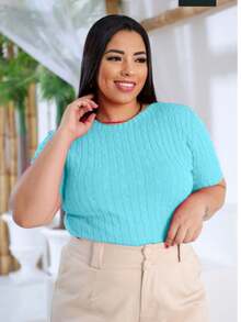 Women's Plus Size Ribbed Knit Blouse Short Sleeve - Water Green - View 4