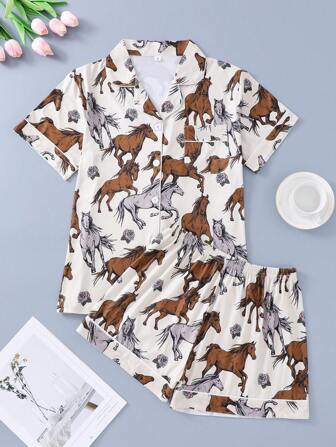 2pcs Group Of Horses Print Comfy Pajama Set, Short Sleeve Button-Down Shirt And Elastic Waist Shorts