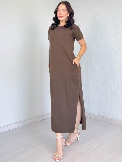 Vestido Longo Feminino 100% Algodão Com Bolso Com Manga Premium Fio 30 Marrom