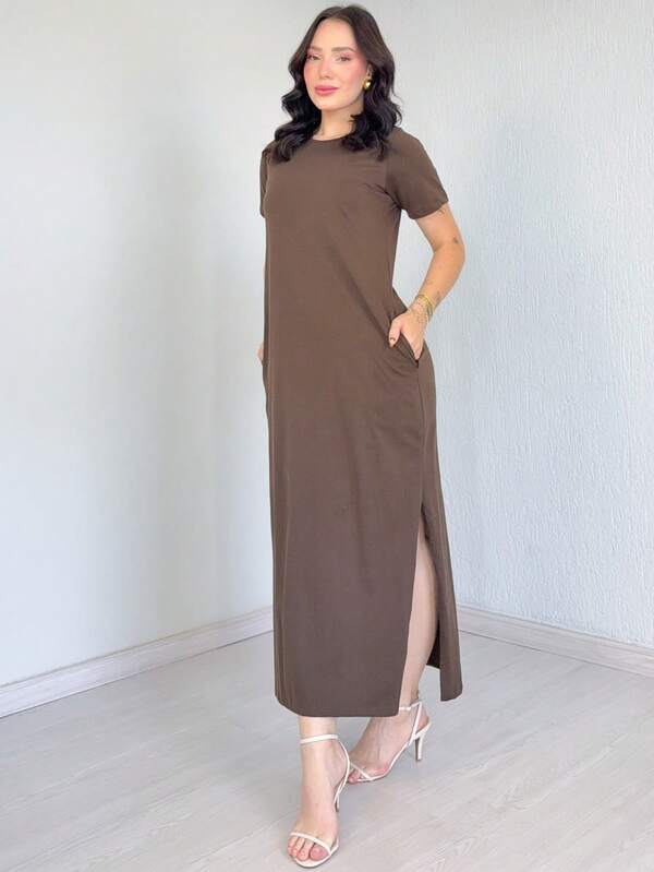 Vestido Longo Feminino 100% Algodão Com Bolso Com Manga Premium Fio 30 Marrom