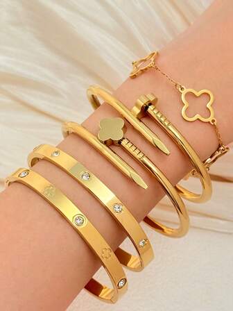 1 peça de joia de aço inoxidável, aço inoxidável, nicho simples, conjunto de diamantes, pulseira de aço titânio brilhante, ouro 18K, acessórios para pulseira de uso diário; joias, joias de ouro, joias femininas, acessórios para pulseiras, joias femininas de aço inoxidável, pulseiras para mulheres, joias ocidentais