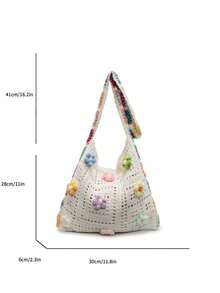 1 Pc New Style Girls' Floral Embellished Knitted Large Capacity Single Shoulder Bag, Open Top With Closure, Lightweight And Portable, Fashionable, Elegant, Perfect For Vacation Style, Daily Outings, Shopping, Gatherings, Or As A Gift For Friends