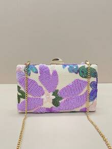 Sequin Embroidered Floral Clutch Bag (Random Pattern, Unique), Elegant And Refined Fashion Women's Handbag With Metal Chain, Suitable For Parties, Weddings, Galas, Halloween Celebrations, Colorful Crossbody Bag - Purple - View 7