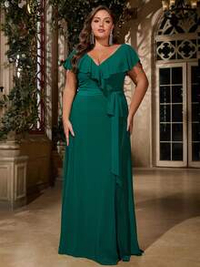 Women Plus Size Ruffle V-Neck Split A-Line Bridesmaid Dress Cocktail Party Evening Formal Event - Dark Green - View 4