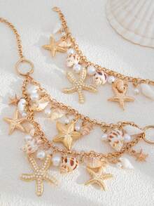 1 Set Summer Beach Vacation Seashell, Starfish Necklace & Bracelet Jewelry Set, Gold Vintage Bohemian Ocean Style Pendant Necklace And Bracelet For Ladies - Multicolor - View 3