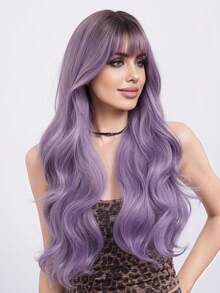 Lavender Purple Gradation Long Natural Wave Wigs With Bangs 28 Inch Natural Daily Hair - Multicolor - View 4