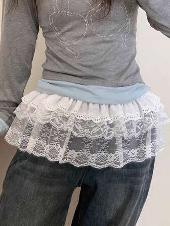 1 件女式系带蕾丝荷叶边下摆短款上衣，Y2K 风格腰带，适合搭配牛仔裤、裙子、连帽衫、紧身裤和围裙