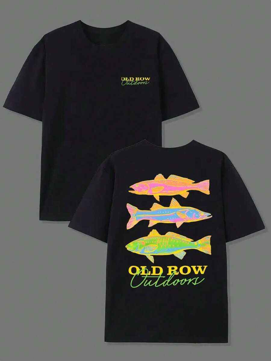 Men's Casual Summer T-Shirt, [Old RowOutdoor] Fish Print, Round Neck, Short Sleeves, Lightweight Cotton Knitted Fabric, Casual Summer Dress Round Neck Shirt | Rib Details. - 黑色 - 查看 1