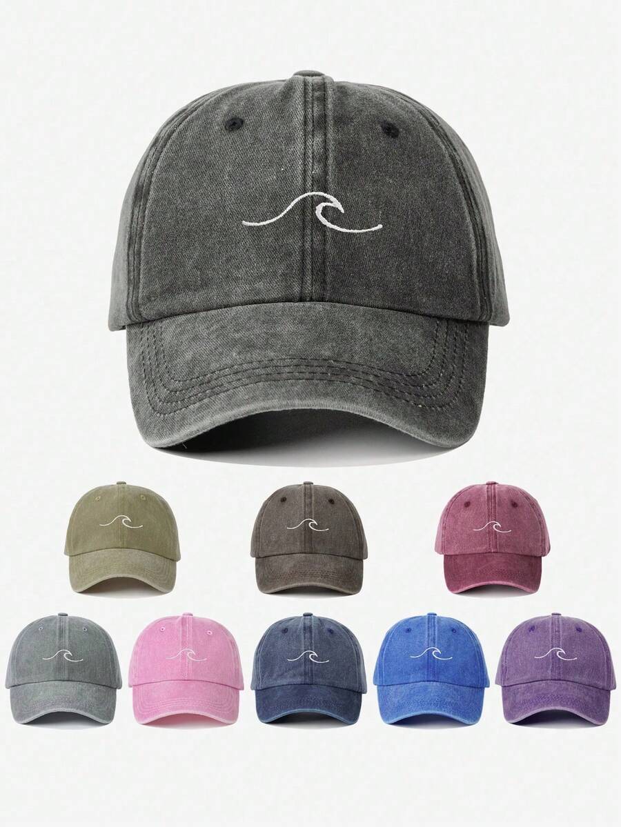 1 件刺绣波浪水洗棒球帽，可调节四季户外防晒休闲帽，适合旅行、海滩、度假、Y2K 风格青年 - 棒球帽 - 查看 1