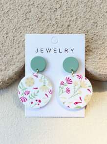 1 Pair Women's Elegant Ceramic Textured Small Yellow Flower Print Round Acrylic Earrings