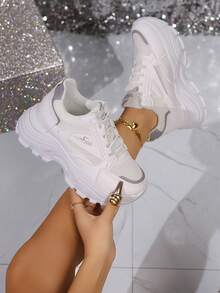 Women's Chunky Sneakers, Spring Autumn New Internal Increase Shoes, Thick Sole Waterproof White Shoes, Slimming Sporty Casual Shoes - White - View 7
