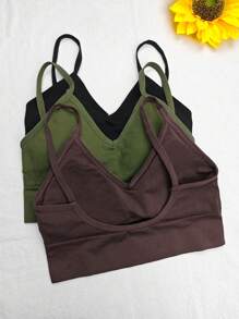 Set de 3 bras deportivos sin costuras con estampado de rayas, sujetador sin aros cómodo y sexy con diseño de espalda de tirantes anchos para mujeres