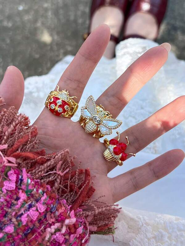 1pc Fashionable Red Ladybug Zirconia Insect Mother-Of-Pearl Cake Copper Gold Plated Open Ring, Suitable For Women's Daily Wear And Party