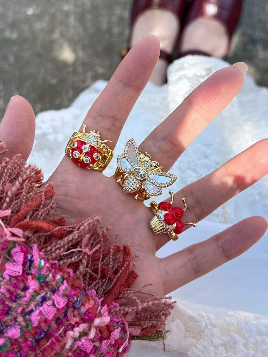 1 pieza Anillo abierto de lujo chapado en oro con marfil de nácar, zirconia y diseño de mariquita roja, adecuado para uso diario y fiestas de mujeres