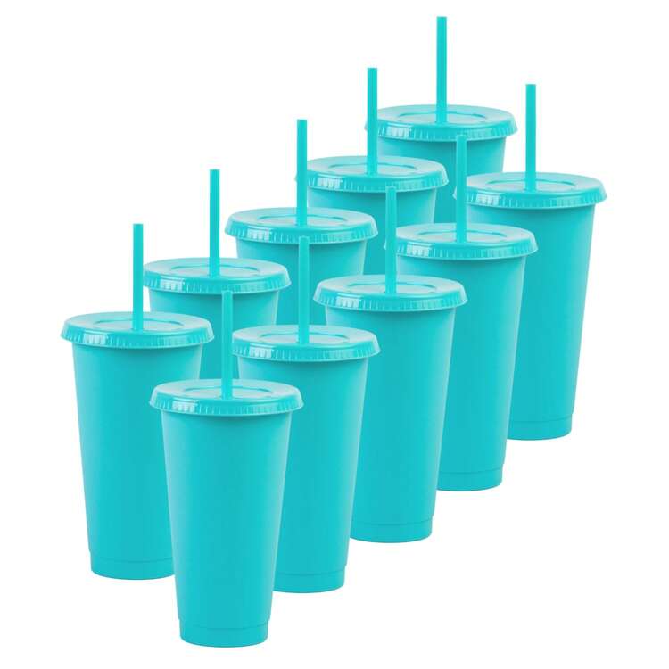 Paquete 40 Vasos Reusables Con Popote Para Bebidas Frías 24 Oz - Azul Turquesa - Añade 1