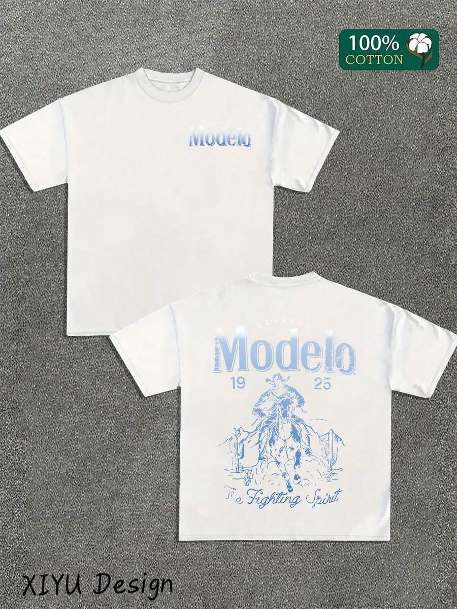 Modelo Men's Pure Cotton T-Shirt, Pure Cotton, Casual Sports Style T Blood, Fashionable Street Style, Suitable For Travel And Sportswear, - 白色 - 查看 1