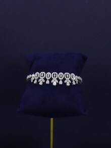 5pcs White Gold Plated Luxury Royal Style Crown Design Bridal Jewelry Set, Hand-Set 3D Cubic Zirconia, Including Necklace, Bracelet, Earrings, Ring, Suitable For Daily Wedding Wear, Wedding Anniversary Gift (Premium Gift Box Included) - Platinum Plated - View 6