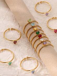 1 peça de anéis de pedra de nascimento de zircônia em formato de coração para mulheres, banhados a ouro 18K, aço inoxidável, 12 cores, anel de pedra de nascimento, joia estética para casamento e Natal, presente