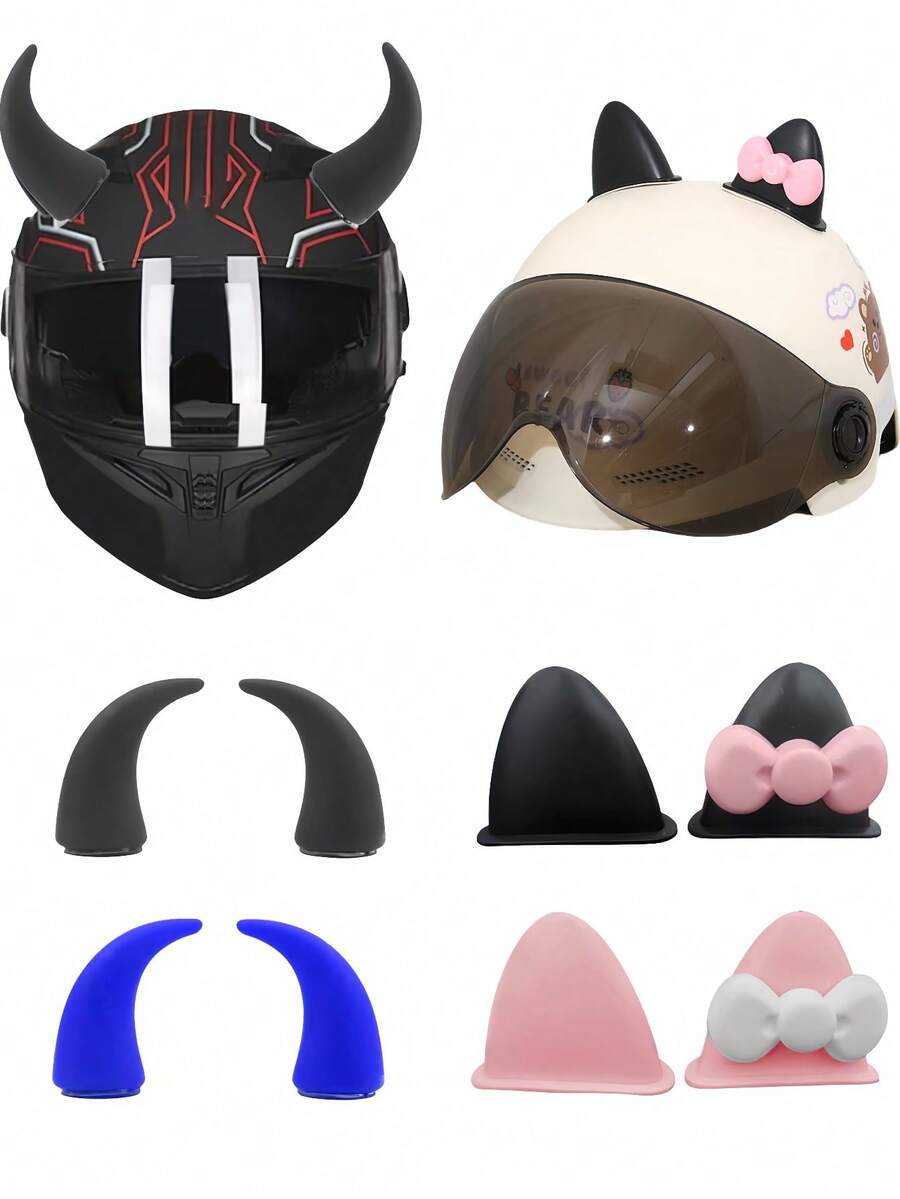 8pcs/Set - 4 Black Horn Horns & 4 Bowknot Cat Ears Motorcycle Helmet Decoration Accessories, Suitable For Bicycle, Motorcycle, Electric Car, Skateboard, Skiing And Ice Skating Helmets (Helmet Not Included) - Multicolor - View 1