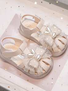 1 Pair Solid Color Fashion Simple British Style Pearl Bowknot Flat Shoes For Girl Princess - Beige - View 4