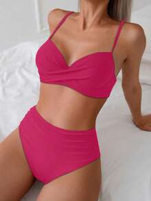 New Sexy Solid Color Steel Cup Cross Strap Minimalist Spaghetti Strap Bikini Set For Women - Rose Red - View 1