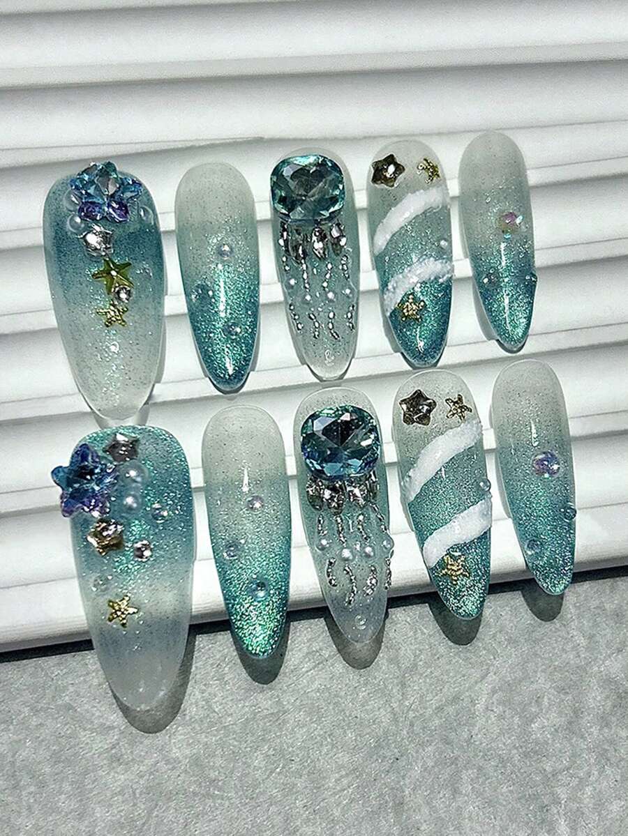 10 件仙女闪光按压指甲手工制作海蓝色渐变蓝钻水母星星长假指甲贴可拆卸指甲用品（1 张果冻贴纸+1 个指甲锉）