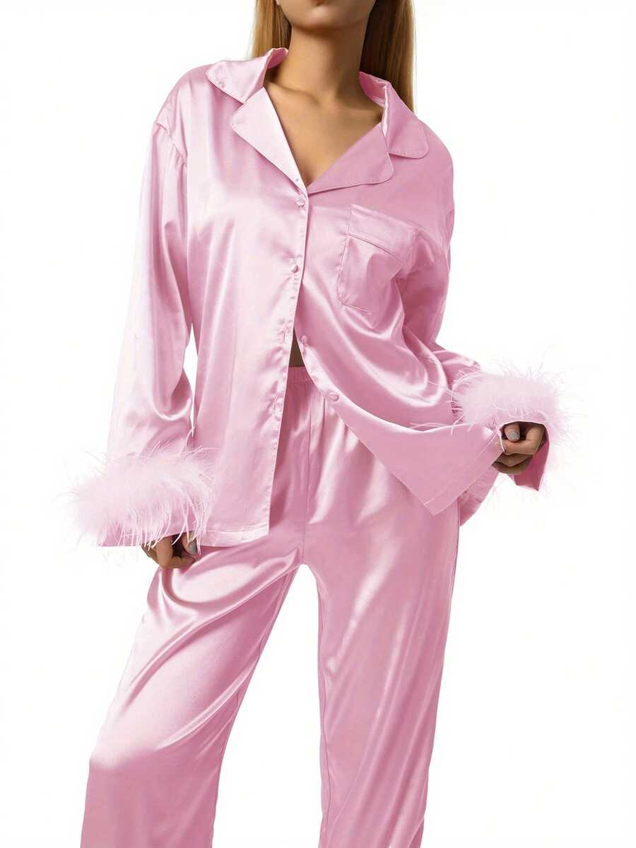 2 Pcs Silk Pajamas For Women Satin Pajama Set Feather Trim Long Sleeve Button-Down Pj Set Lounge Sleepwear With Pocket - 粉色 - 查看 1
