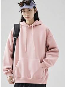 Women's Basic Plain Kangaroo Sweatshirt With Hood And Pockets - Pink - View 1