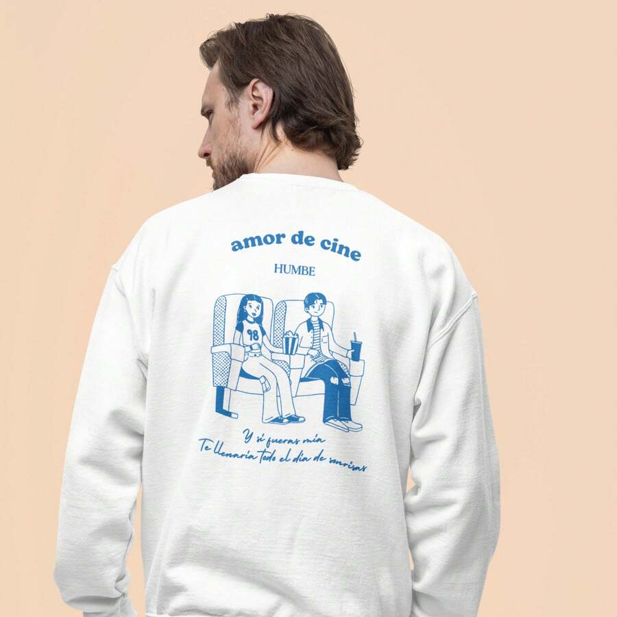 Sudadera Para Caballero 1pz | Amor De Cine | Estampado Azul | Humbe | Vinil Textil | Dtf | Cine | Amor | Sin Capucha
