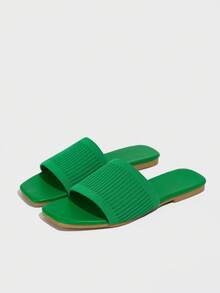 女式夏季户外/沙滩/休闲编织一脚蹬平底凉鞋，带绑带，绿色 - 綠色 - 查看 4