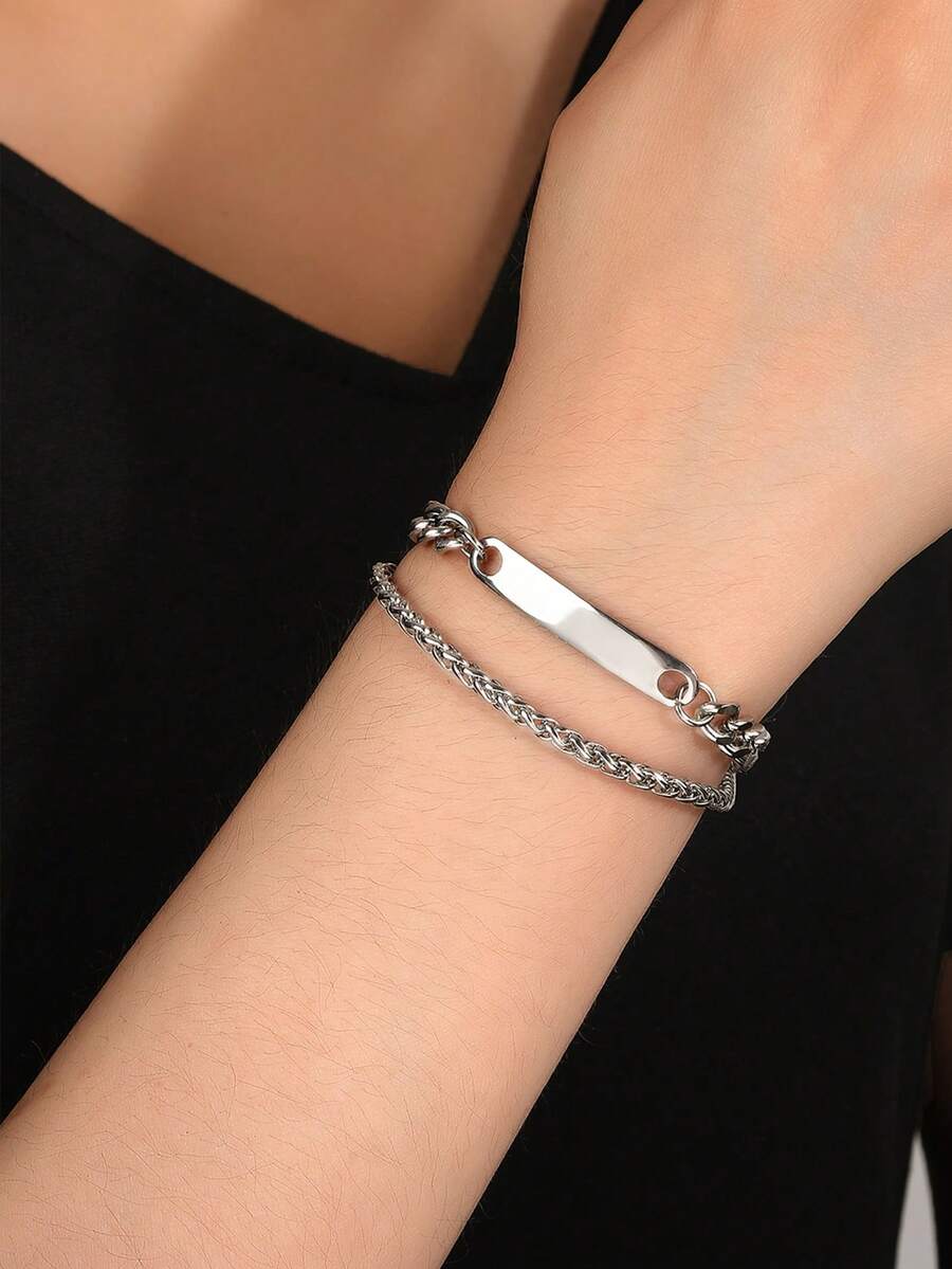 1pc Stainless Steel Smooth Strip Curved Double Layered Chain Bracelet For Women's Neutral And Minimalist Style Jewelry - Silver - View 1