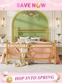 Allewie Twin/Full/Queen/King Size Metal Platform Bed Frame With Victorian Vintage Headboard And Footboard/Mattress Foundation/Under Bed Storage/No Box Spring Needed/Noise-Free/Easy Assembly, Gold - 金色 - 查看 1