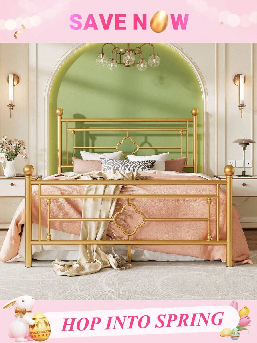 Allewie Twin/Full/Queen/King Size Metal Platform Bed Frame With Victorian Vintage Headboard And Footboard/Mattress Foundation/Under Bed Storage/No Box Spring Needed/Noise-Free/Easy Assembly, Gold - 金色 - 查看 1