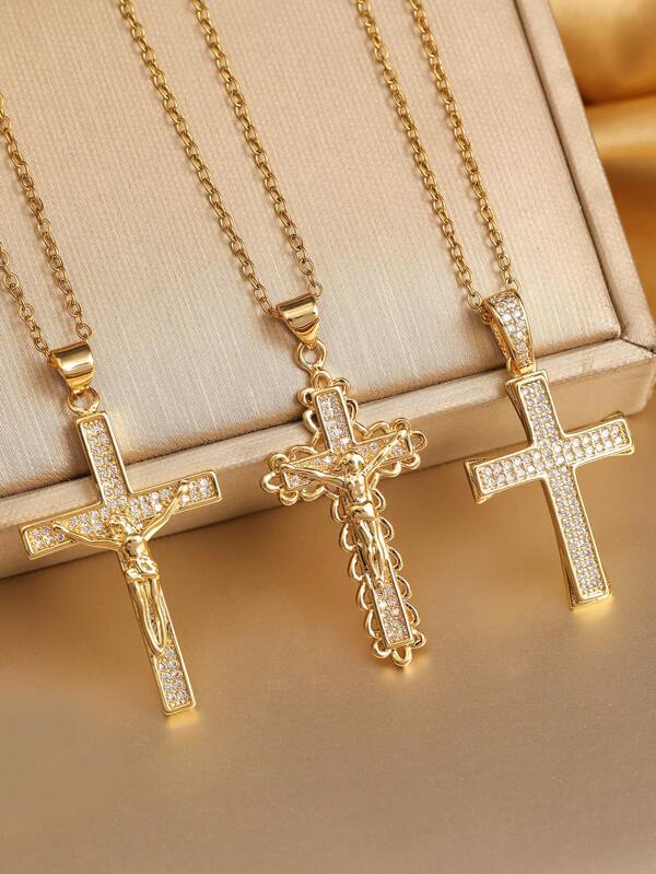 1 pièce Pendentif Croix en Zircone de Cuivre Haut de Gamme, Chaîne Clavicule en Acier au Titane Plaqué Or 18 Carats, Cadeau du Jour de l'Ascension 2025, Bijou Pendentif Croix en Cristal Élégant et à la Mode pour Femmes et Hommes, Convient pour un Port Quotidien