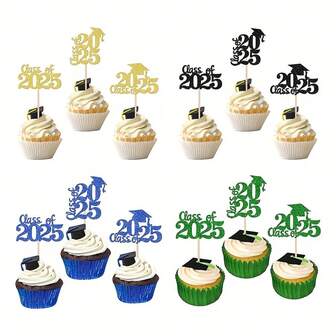 24 pezzi Decorazione per cupcake Classe di 2025, tappi di laurea glitterati, stuzzicadenti per cupcake Tema Festa di laurea 2025, Decorazione torta, Forniture