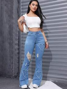 Women's High Waisted Elastic Perforated Patch Fabric Heart-Shaped Flared Jeans, Comfortable Fit, Suitable For Daily Wear - Màu xanh lam - Xem 7