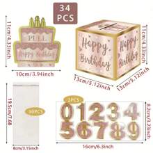 34pcs Birthday Surprise Box Party Decoration Backdrop Number DIY Stickers Rose Gold Pull Card Gift Box
