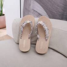 Women Elegant Beige Sandals With Woven Strap - Non-Slip EVA Sole, Mid Heel Thick Bottom, Fashion Outdoor Slippers, Casual Woven Sandals, Elegant Footwear For Summer
