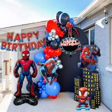 Eyuwn Spider Theme Happy Birthday Banner And 5PCS Spider Character Giant Balloons For Birthday Party Decoration