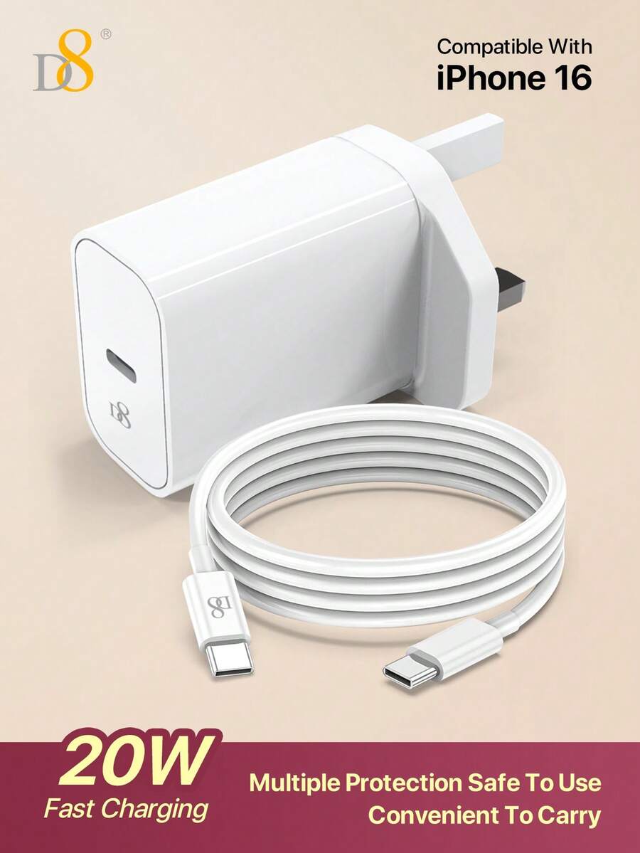 20W USB-C 快充充电器，配备 3.3 英尺 USB-C 转 USB-C 数据线，支持超快充电，兼容 16/16 Pro/16 Pro Max/16 Plus/15/15 Pro/15 Pro Max/15 Plus、Air 4/5/Pro 12.9 (2021-2024)/Pro 11 (2021-2024)/Mini 6，Type-C 接口，适合女性在家/办公室/旅行/日常使用。