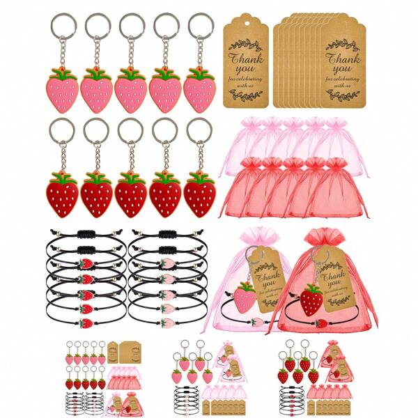 40pcs Strawberry Keychains Including 10pcs Strawberry Gift Keychains 10pcs Strawberry Bracelets With Thank You Tags For Guests