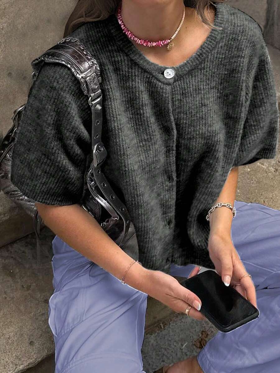 女士休闲纯色短袖罗纹针织开衫 - 黑灰色 - 查看 1