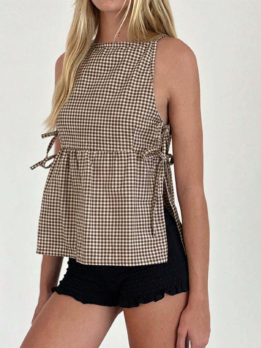 Camisetas de tirantes para mujer con patrones a cuadros sólidos, con lazos laterales, sin mangas, con tirantes de espagueti, para el verano - Café integral - Ver 1