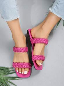 女士时尚编织带凉鞋，平底拖鞋沙滩鞋，百搭，夏季新款韩版 - 玫紅色 - 查看 3