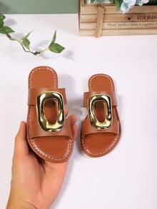 1 双圆头平底儿童时尚拖鞋，纯色，金色金属纽扣设计，露趾，可爱罗马风格，适合3-12岁，适合休闲、沙滩、夏季 - 棕色 - 查看 6
