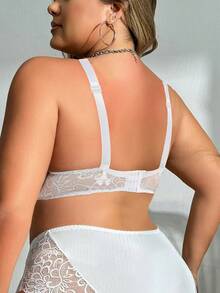 Women Plus Size Underwire Thin White Floral Lace Bra - White - View 2